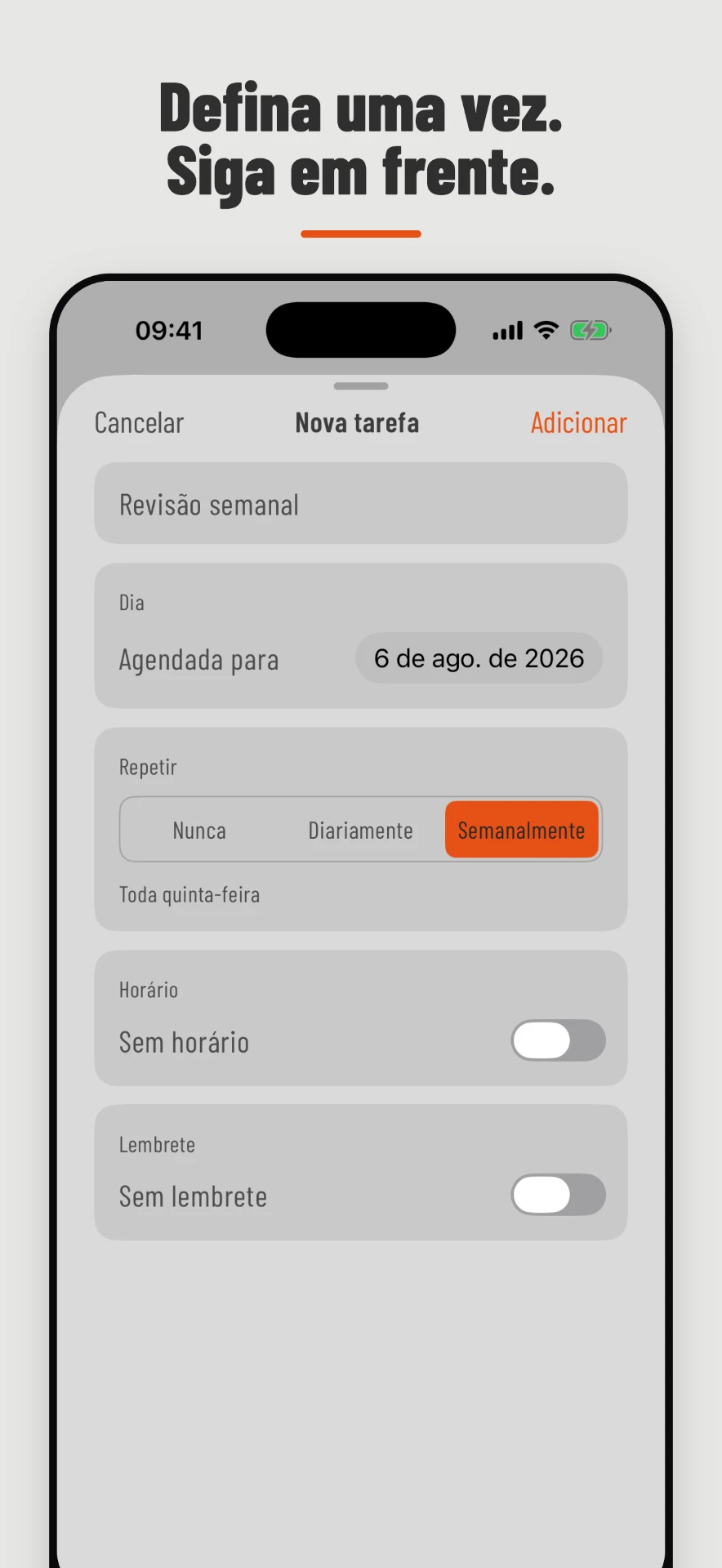 Tela de nova tarefa do Weeklane com repetição semanal selecionada