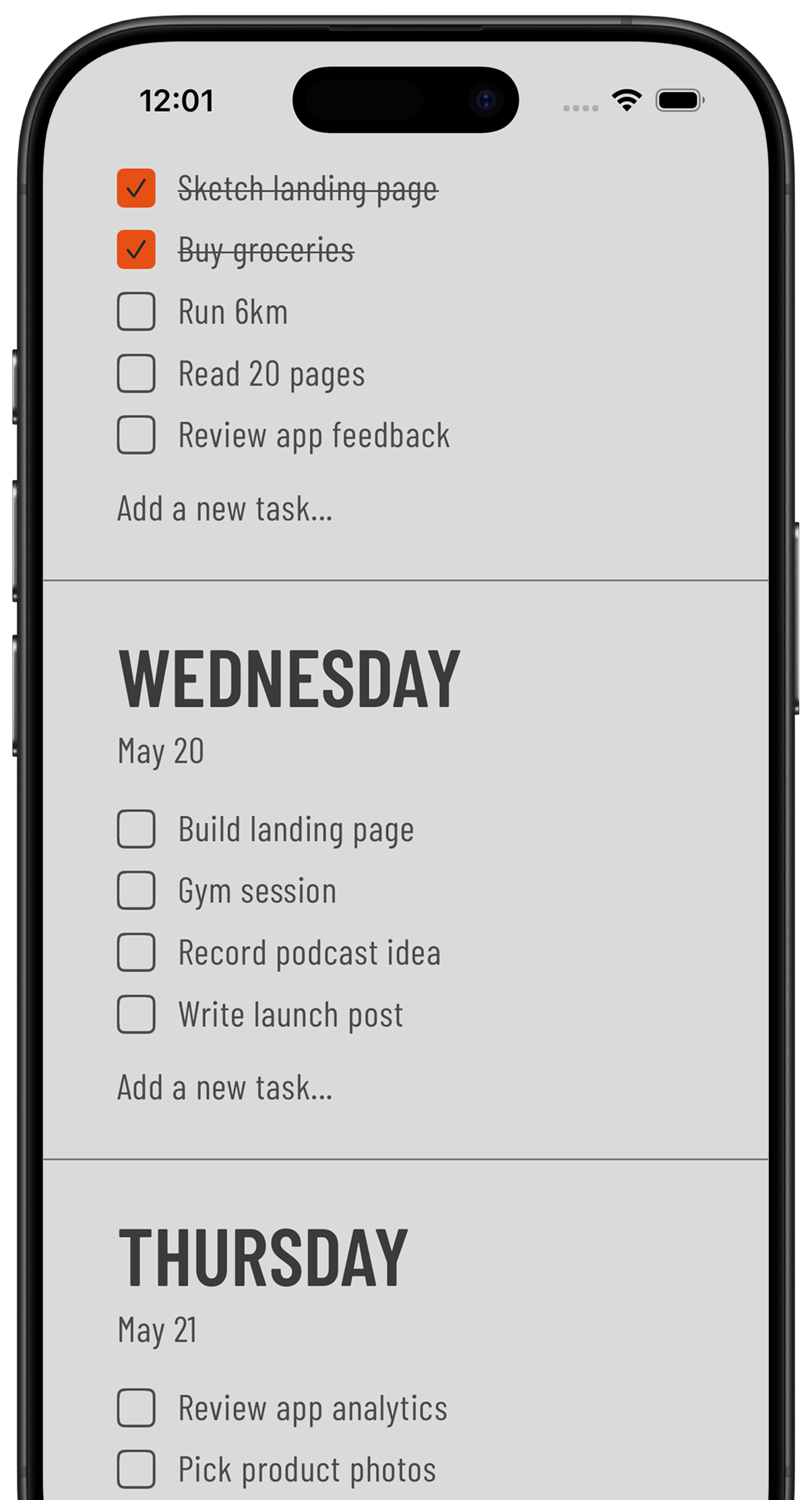 Weeklane weekly checklist shown on an iPhone