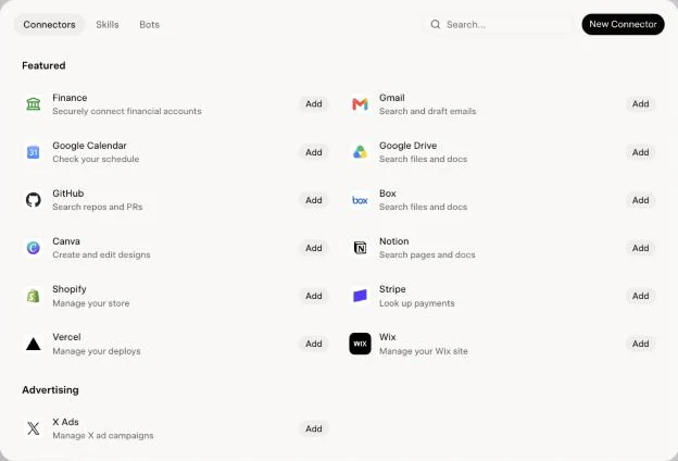 Grok's Connectors page with a list of featured connectors and a New Connector button at the top right