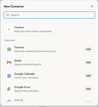 Grok's New Connector dialog with the Custom option at the top