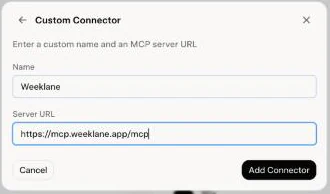 Grok's Custom Connector form with the name Weeklane and the server URL https://mcp.weeklane.app/mcp