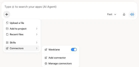 Grok chat menu opened with the plus button, Connectors submenu, and the Weeklane toggle switched on