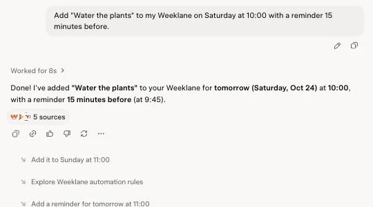 Grok chat: the user asks to add Water the plants on Saturday at 10:00 with a reminder 15 minutes before, and Grok confirms it was added with a reminder at 9:45