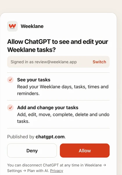 Weeklane consent screen asking whether to allow an assistant to see and edit your Weeklane tasks, with Deny and Allow buttons