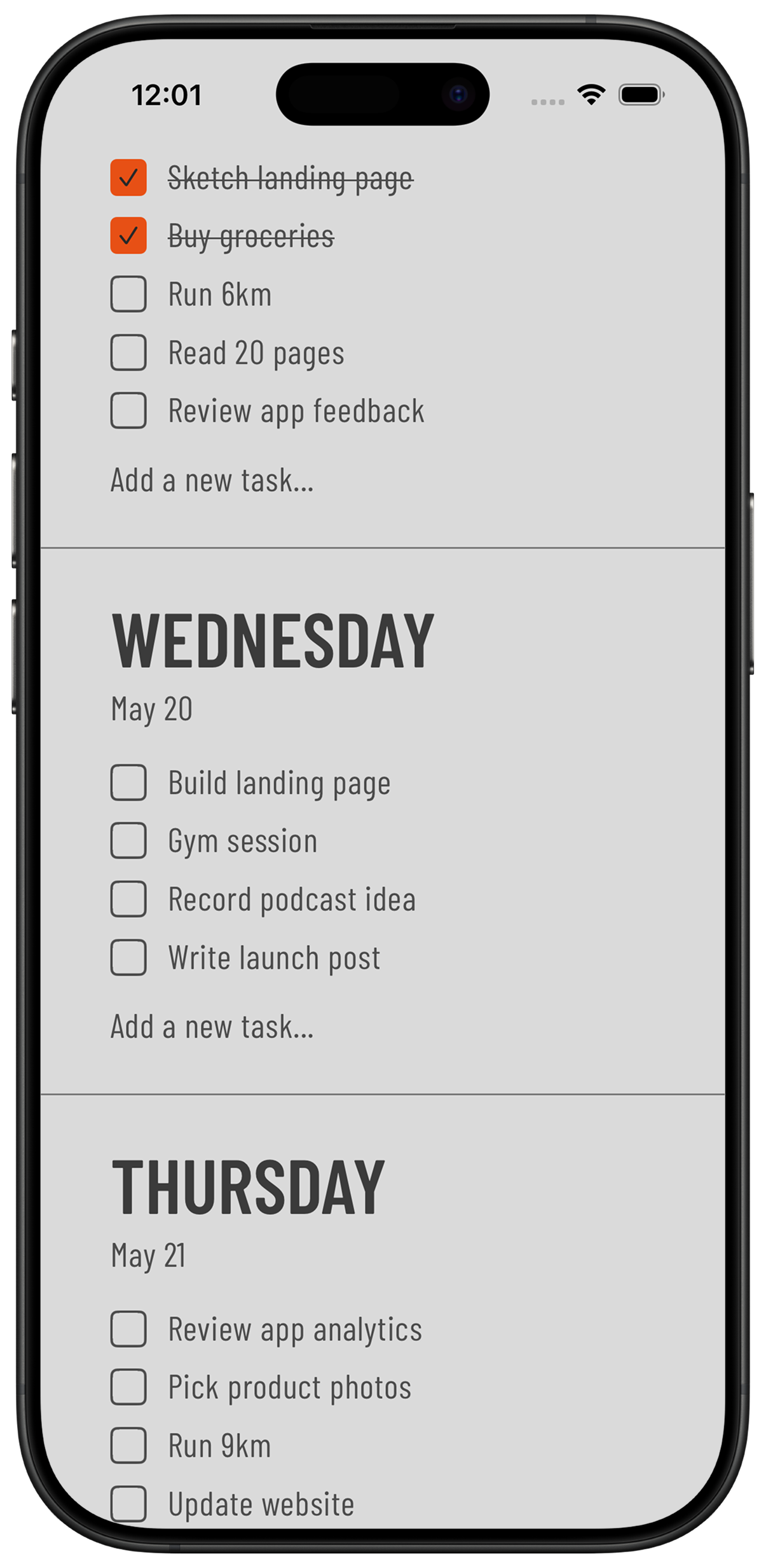 Weeklane weekly view showing tasks organized by day