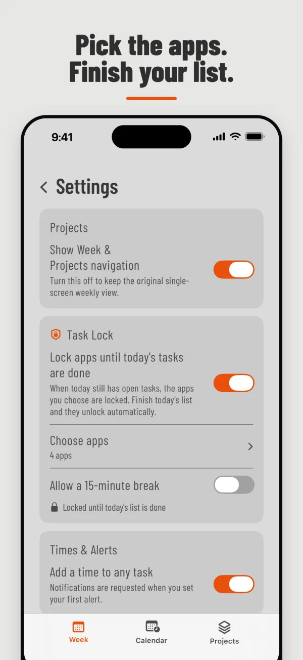 Weeklane settings with Task Lock switched on, 4 apps chosen and the 15-minute break option