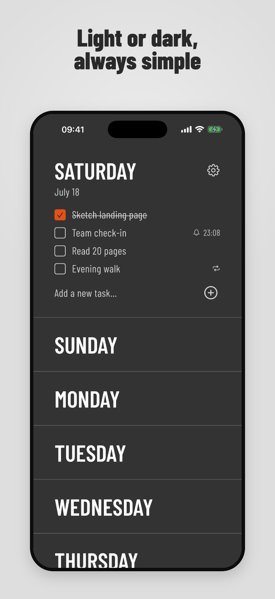 Weeklane weekly view shown in dark mode on iPhone