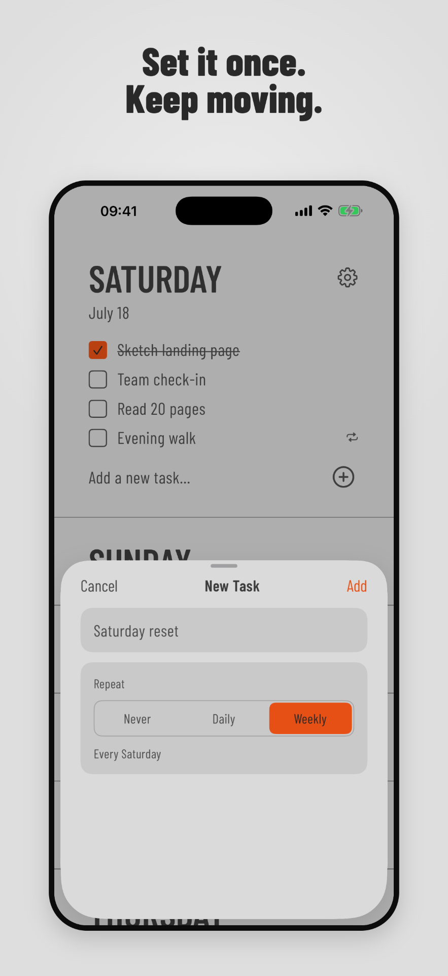 Weeklane new task sheet showing Weekly repeat option selected for a Saturday task