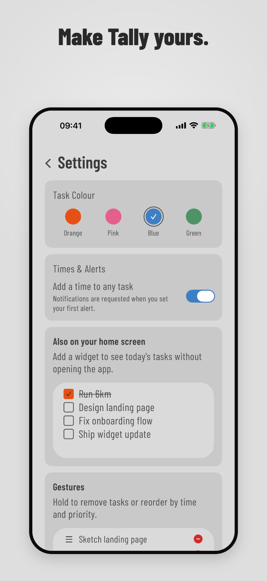 Weeklane settings screen showing task colour options: orange, pink, blue and green