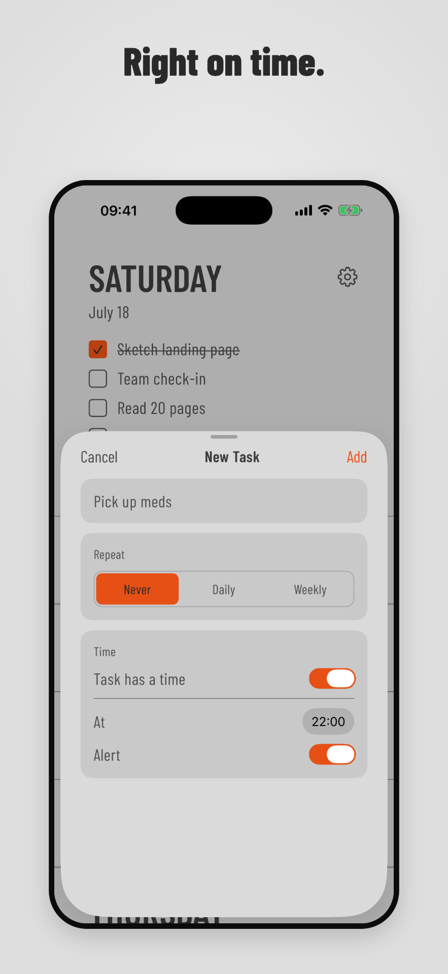Weeklane task sheet with a time set to 22:00 and alerts toggled on