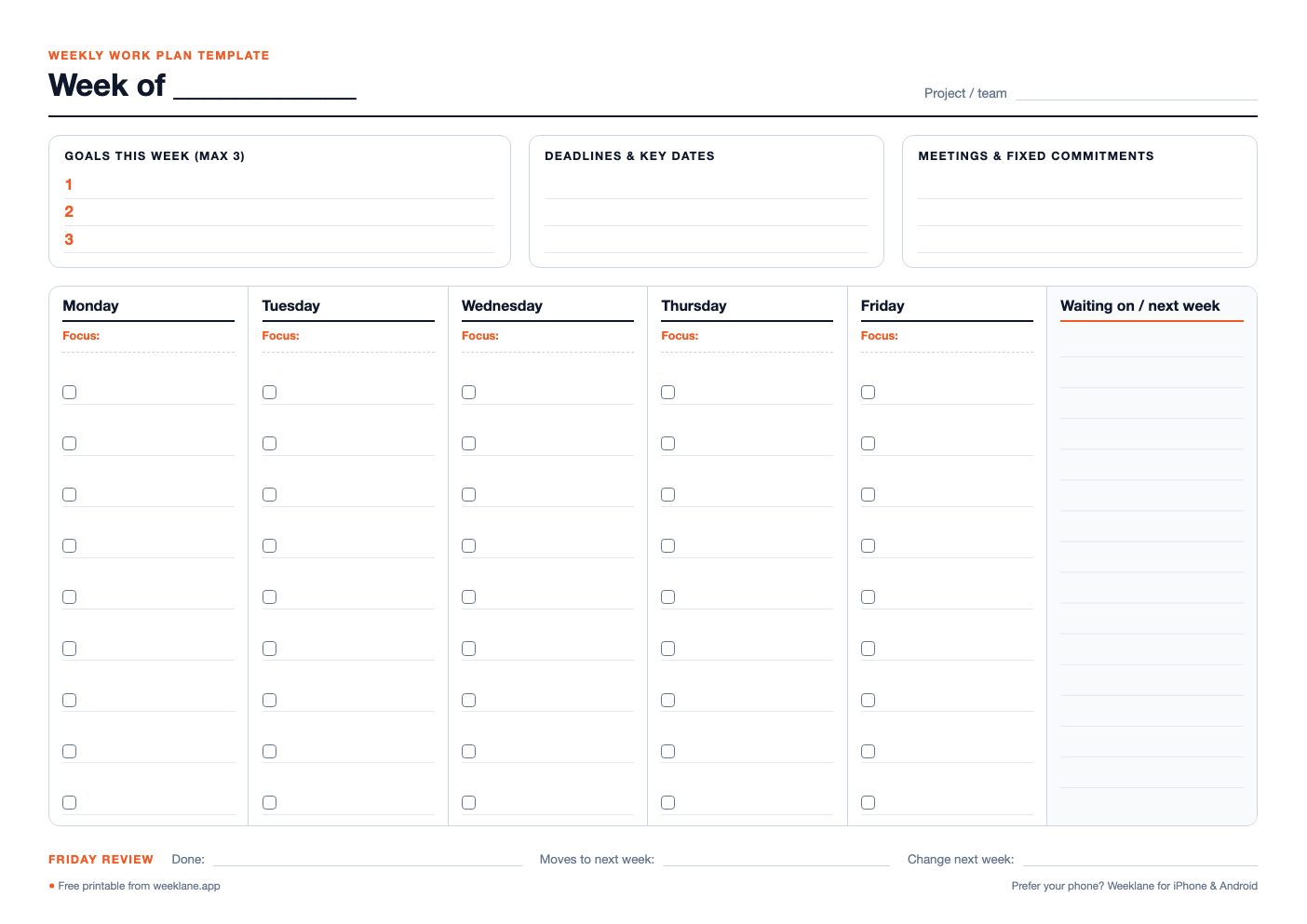 Printable weekly work plan template with weekly goals, deadlines, meetings and Monday to Friday task columns